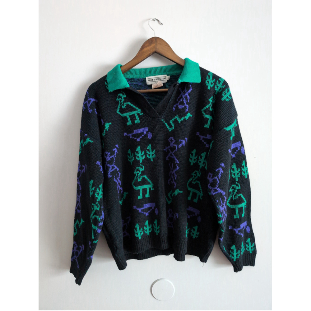 Sweet Baby Jane Alpaca Animal Print Sweater Aztec Women Sz L Waffle Knit Comfy